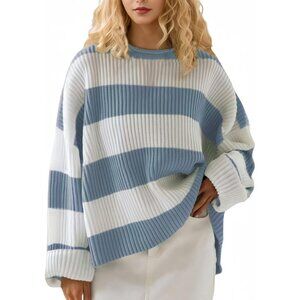 Women's Blue White Pullover Drop Shoulder Long Sleeve Retro Stripe Fall Sweater
